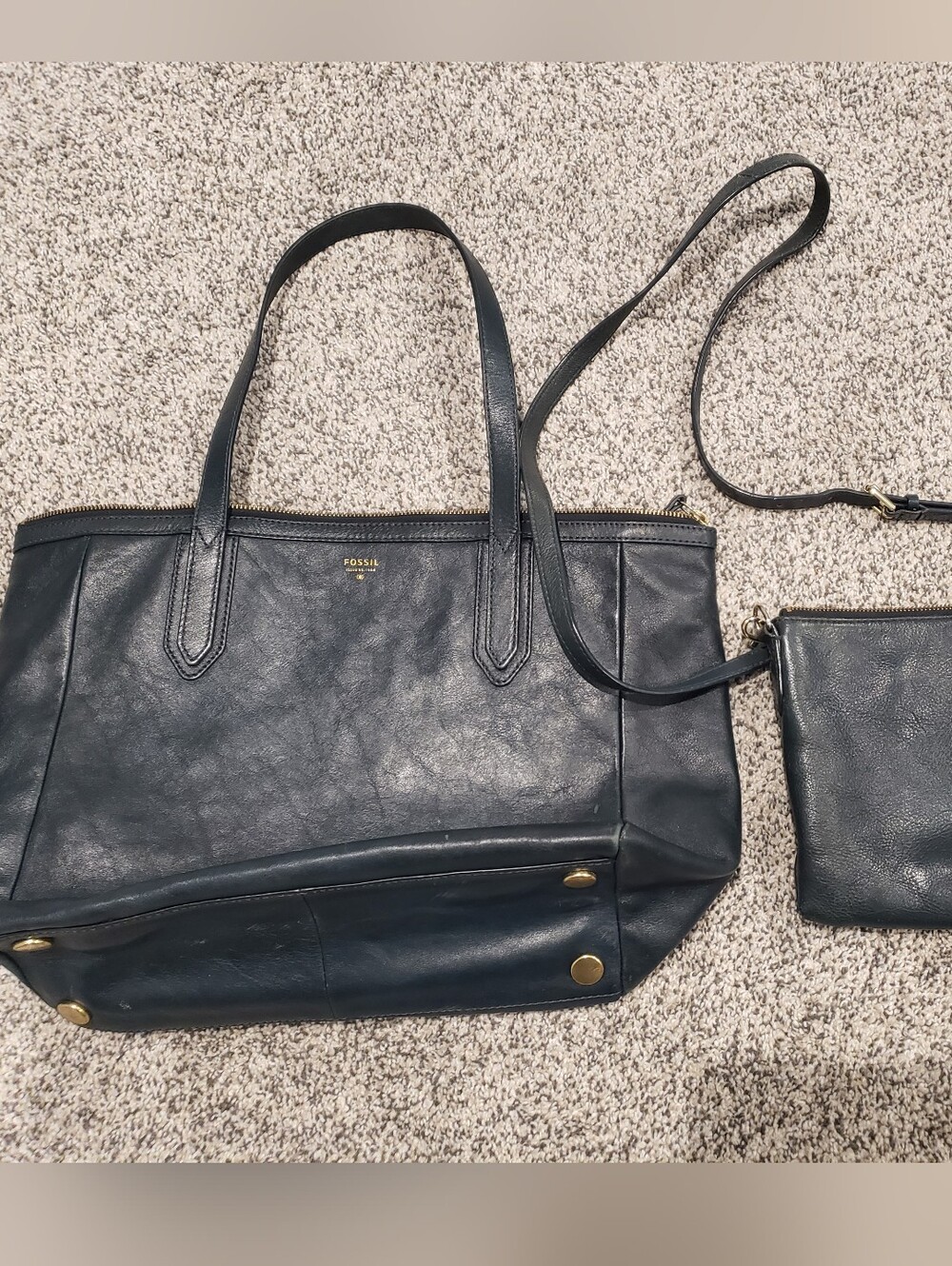 Fossil Navy Leather Tote And Crossbody Set